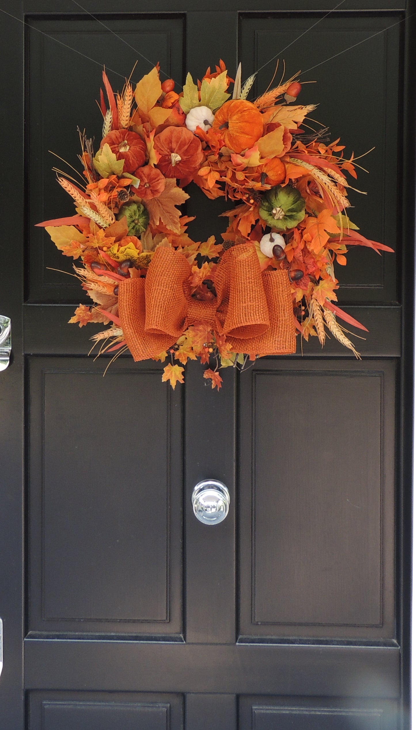 Autumn Velvet Pumpkin Wreath 50cm – Large Fall Harvest Front Door Wreath with Pumpkins, Wheat, Acorns, Pinecones & Rustic Bow