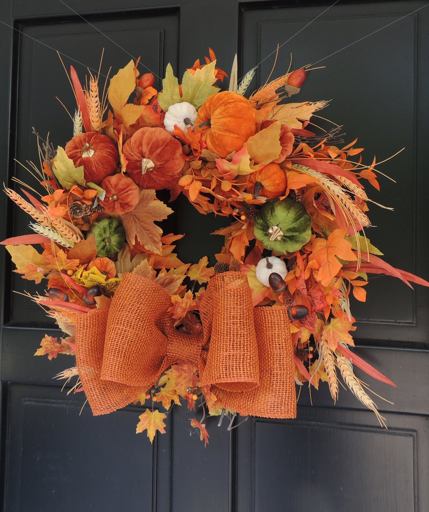 Autumn Velvet Pumpkin Wreath 50cm – Large Fall Harvest Front Door Wreath with Pumpkins, Wheat, Acorns, Pinecones & Rustic Bow