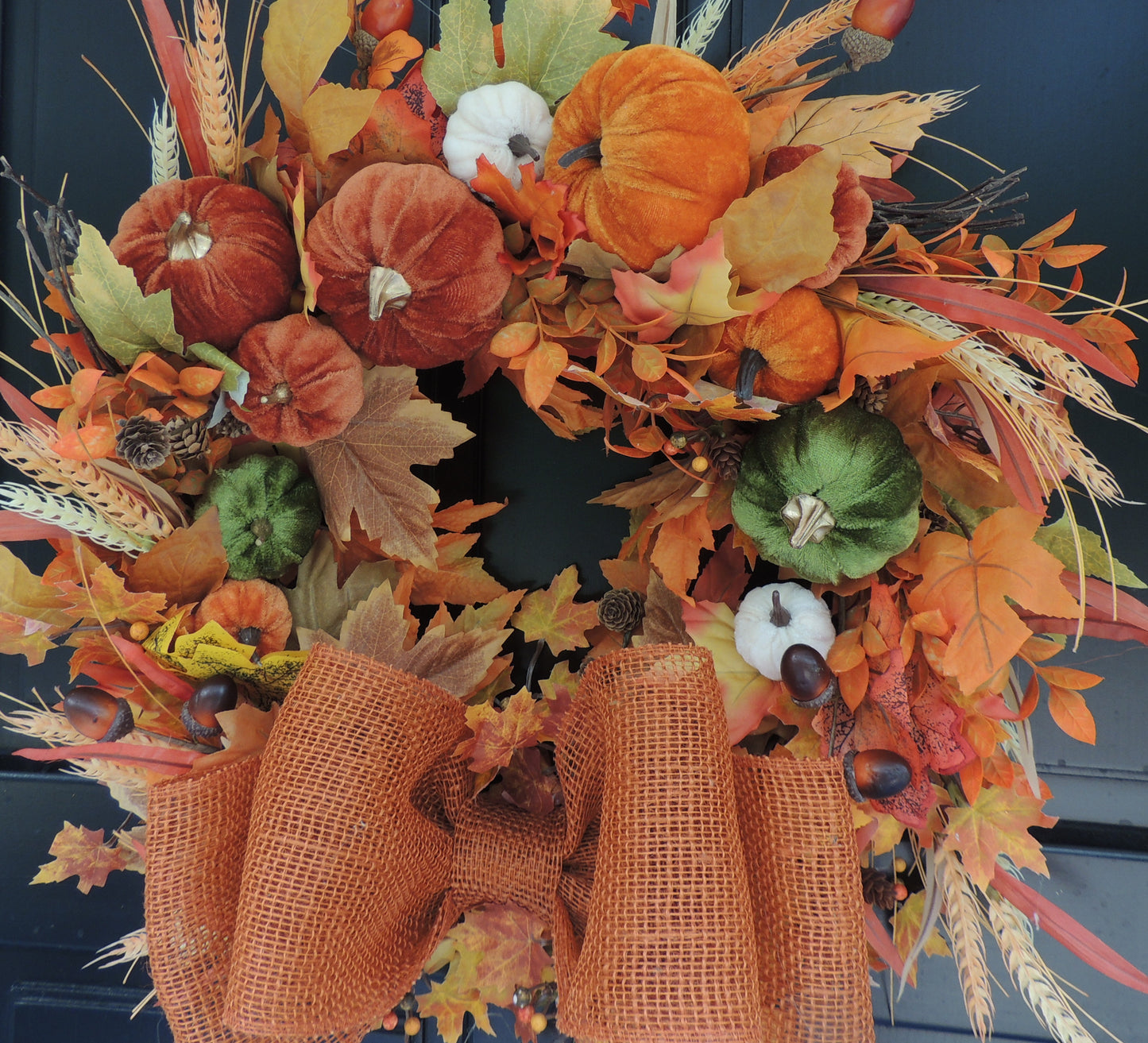 Autumn Velvet Pumpkin Wreath 50cm – Large Fall Harvest Front Door Wreath with Pumpkins, Wheat, Acorns, Pinecones & Rustic Bow
