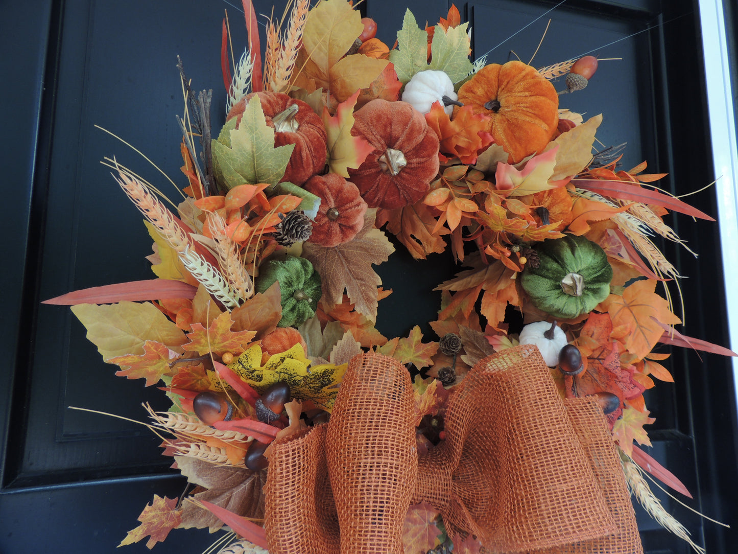 Autumn Velvet Pumpkin Wreath 50cm – Large Fall Harvest Front Door Wreath with Pumpkins, Wheat, Acorns, Pinecones & Rustic Bow