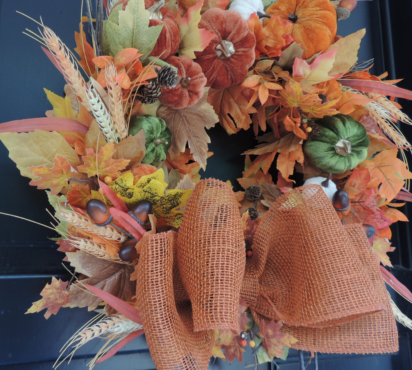 Autumn Velvet Pumpkin Wreath 50cm – Large Fall Harvest Front Door Wreath with Pumpkins, Wheat, Acorns, Pinecones & Rustic Bow