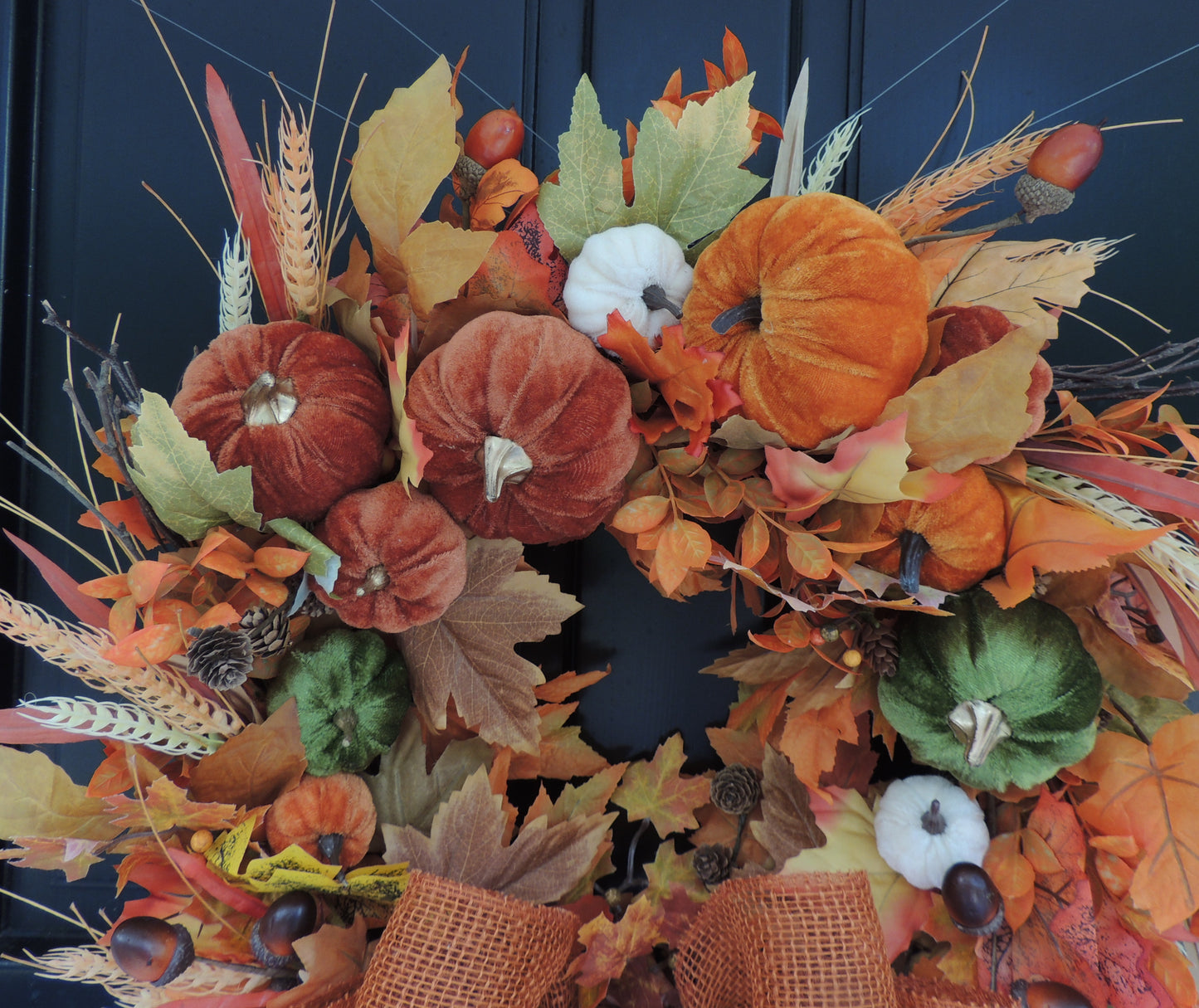 Autumn Velvet Pumpkin Wreath 50cm – Large Fall Harvest Front Door Wreath with Pumpkins, Wheat, Acorns, Pinecones & Rustic Bow