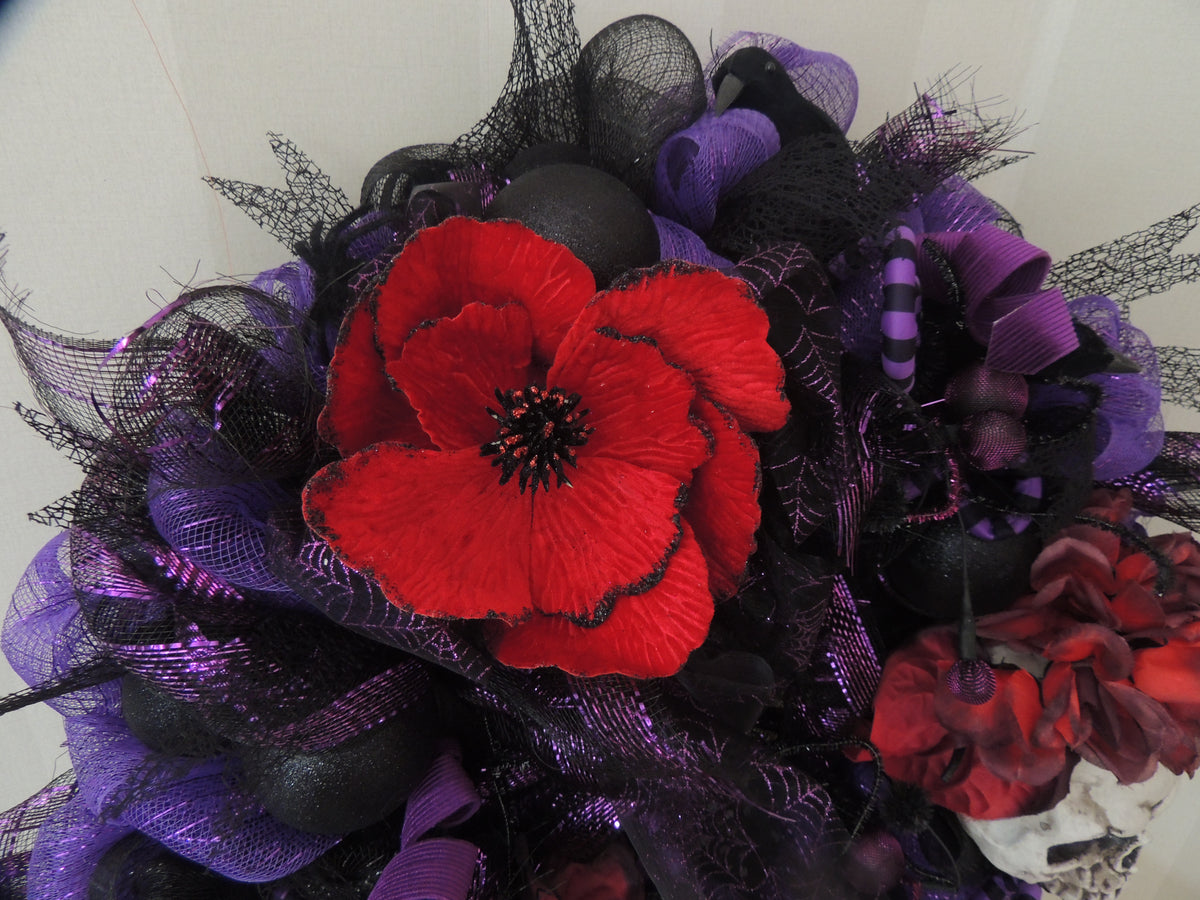 Gothic Skull Halloween Wreath 50cm | Red, Purple & Black Crow Front Door Wreath