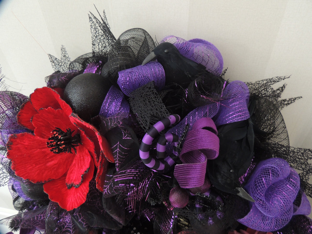 Gothic Skull Halloween Wreath 50cm | Red, Purple & Black Crow Front Door Wreath