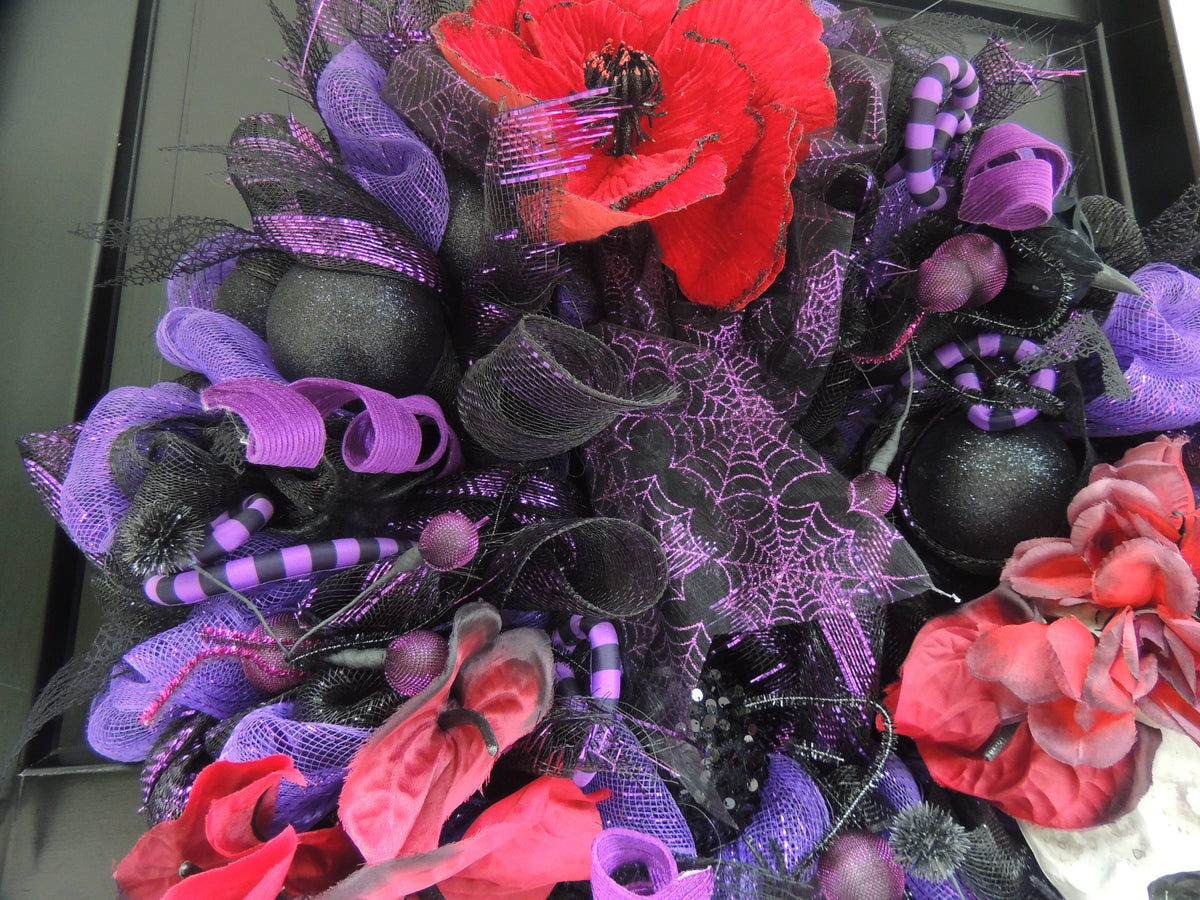 Gothic Skull Halloween Wreath 50cm | Red, Purple & Black Crow Front Door Wreath