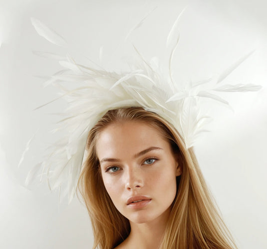 White Pasha Bridal Headpiece Hair Accessory Feather Halo Crown Fascinator Headband