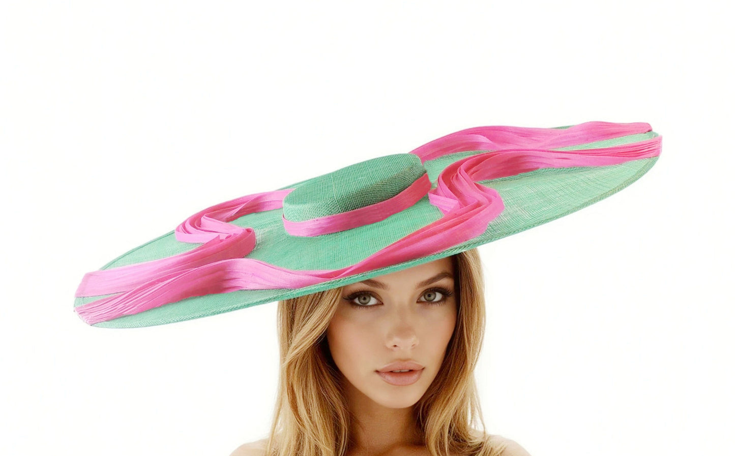 Ellie - Large Cartwheel Boater Hat for Ascot, Kentucky Derby Races in green with pink ribbon worn by woman