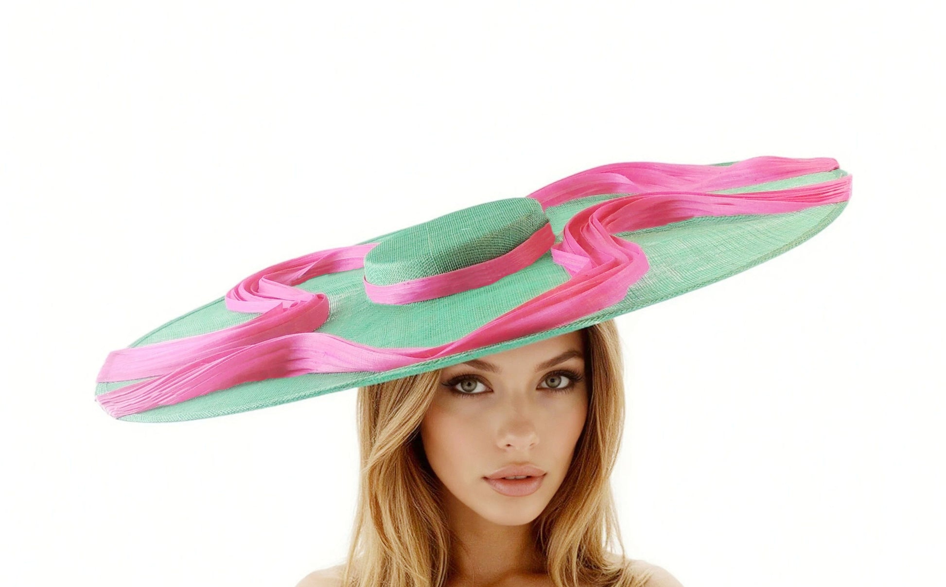 Ellie - Large Cartwheel Boater Hat for Ascot, Kentucky Derby Races in green with pink ribbon worn by woman