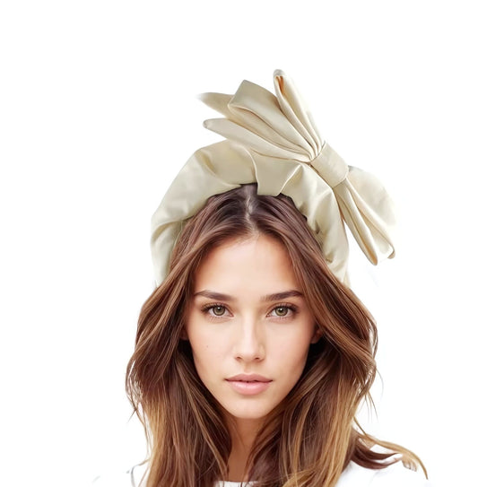 Georgia Ivory Bow Silk Bridal Headpiece Extra Wide Puffy Headband Crown - Hats By Cressida