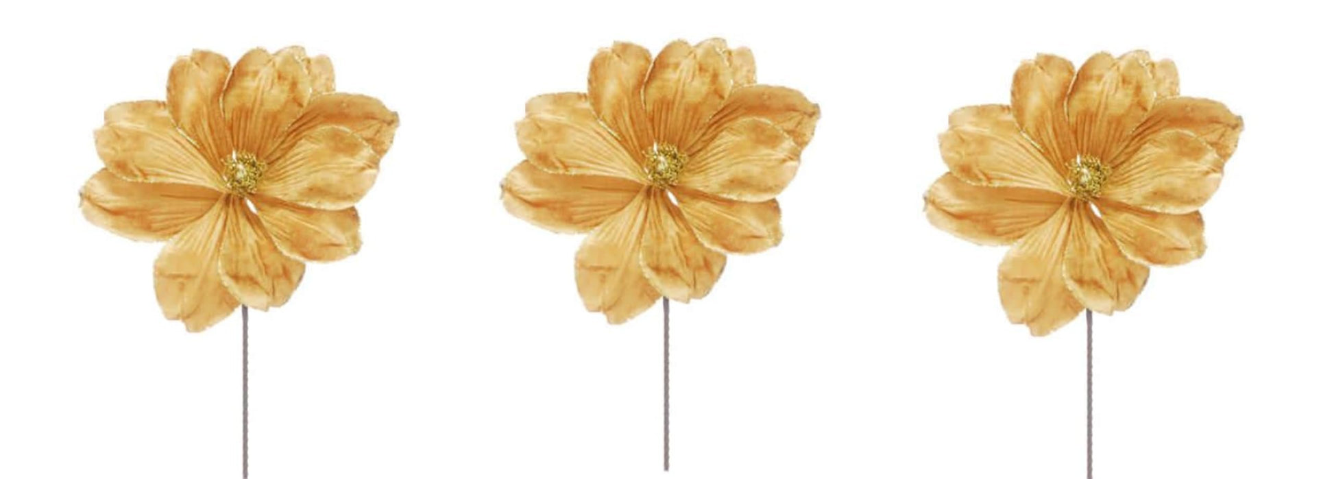 Glamour Girlz Set of 3 Gold Velvet Flower Christmas Tree Floral Pick Stem Ornament Xmas Decor Garland Wreath Decoration Accent Holiday Arrangement - Hats By Cressida