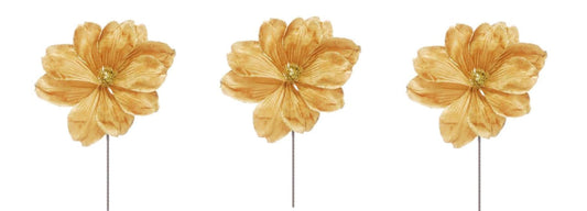 Glamour Girlz Set of 3 Gold Velvet Flower Christmas Tree Floral Pick Stem Ornament Xmas Decor Garland Wreath Decoration Accent Holiday Arrangement - Hats By Cressida
