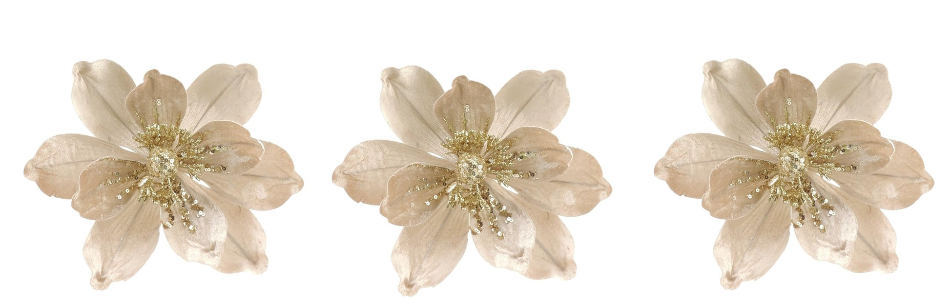 Glamour Girlz Set of 3 Nude Gold Velvet Sequin Flower Christmas Tree Floral Pick Stem Ornament Xmas Decor Garland Wreath Decoration Accent Holiday Arrangement - Hats By Cressida