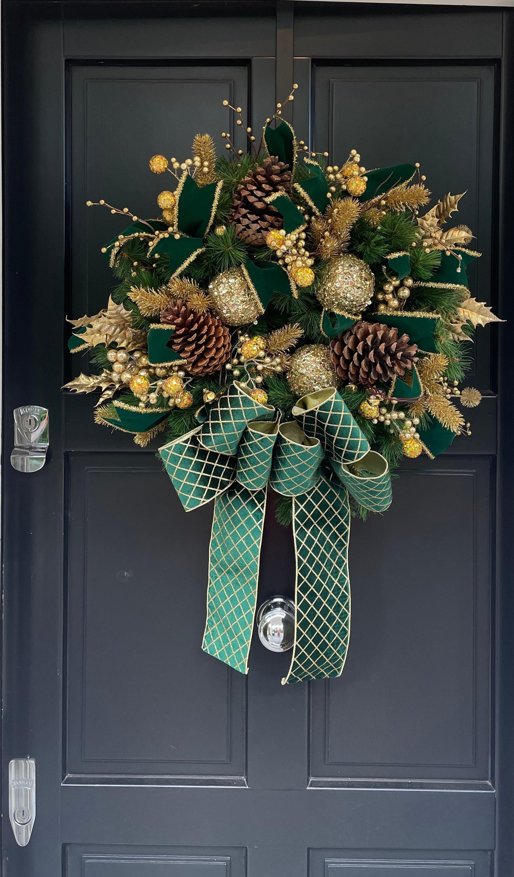 Green Gold XL Christmas Front Door Wreath Traditional Elegant Porch Holiday House Home Decor Decoration Glam Winter Swag Designer Unique - Hats By Cressida