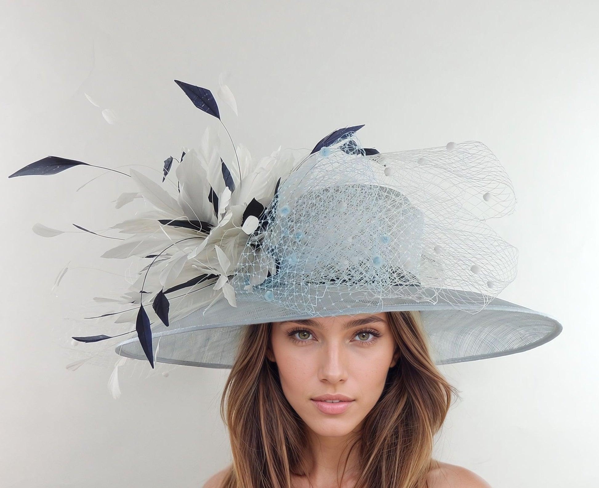 Helena Wide Brimmed Ascot & Kentucky Derby Hat with feathers and netting, perfect for formal occasions and race day events