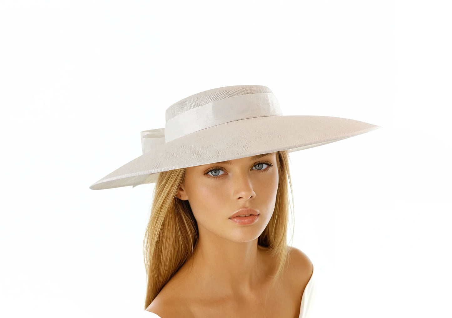 Elegant model wearing Ingrid White & Ivory Silk Bow Bridal Boater Hat Headpiece Hair Accessory in soft ivory tones