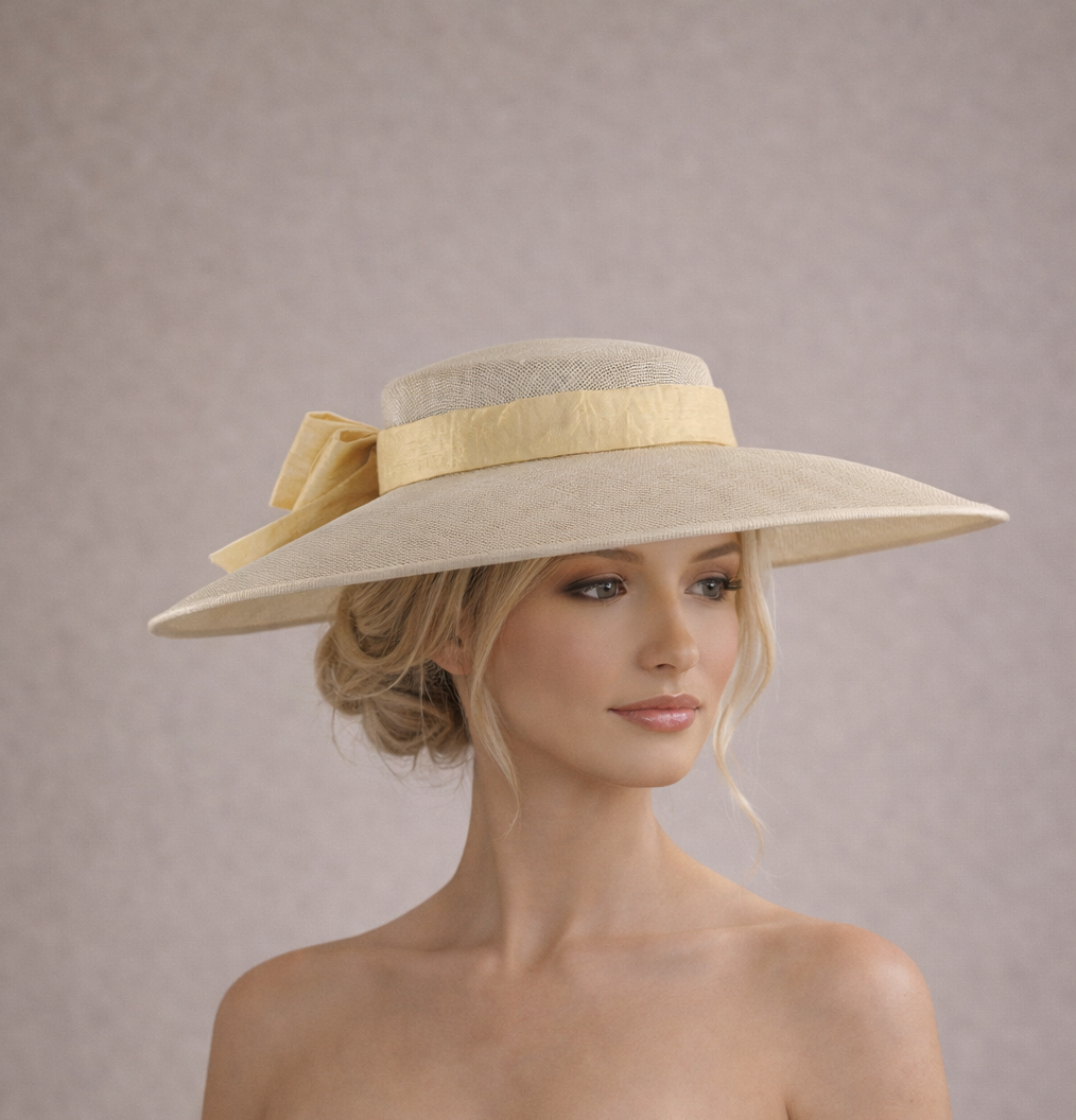 Woman wearing Ingrid - Statement Boater Hat – Kentucky Derby, Royal Ascot with wide brim and elegant yellow ribbon bow.