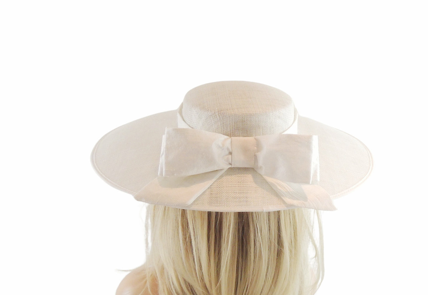 Ingrid White & Ivory Silk Bow Bridal Boater Hat Headpiece Hair Accessory - Hats By Cressida