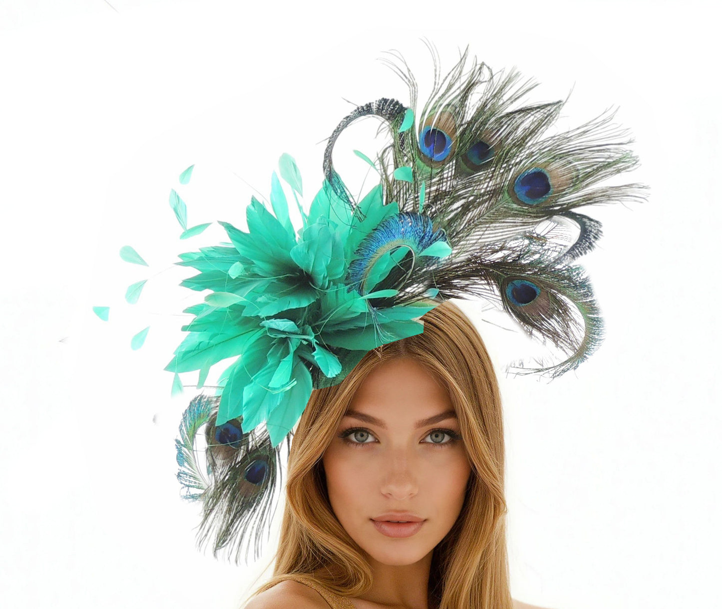 Jahlia Large Teal Peacock Kentucky Derby Fascinator Hat - Hats By Cressida
