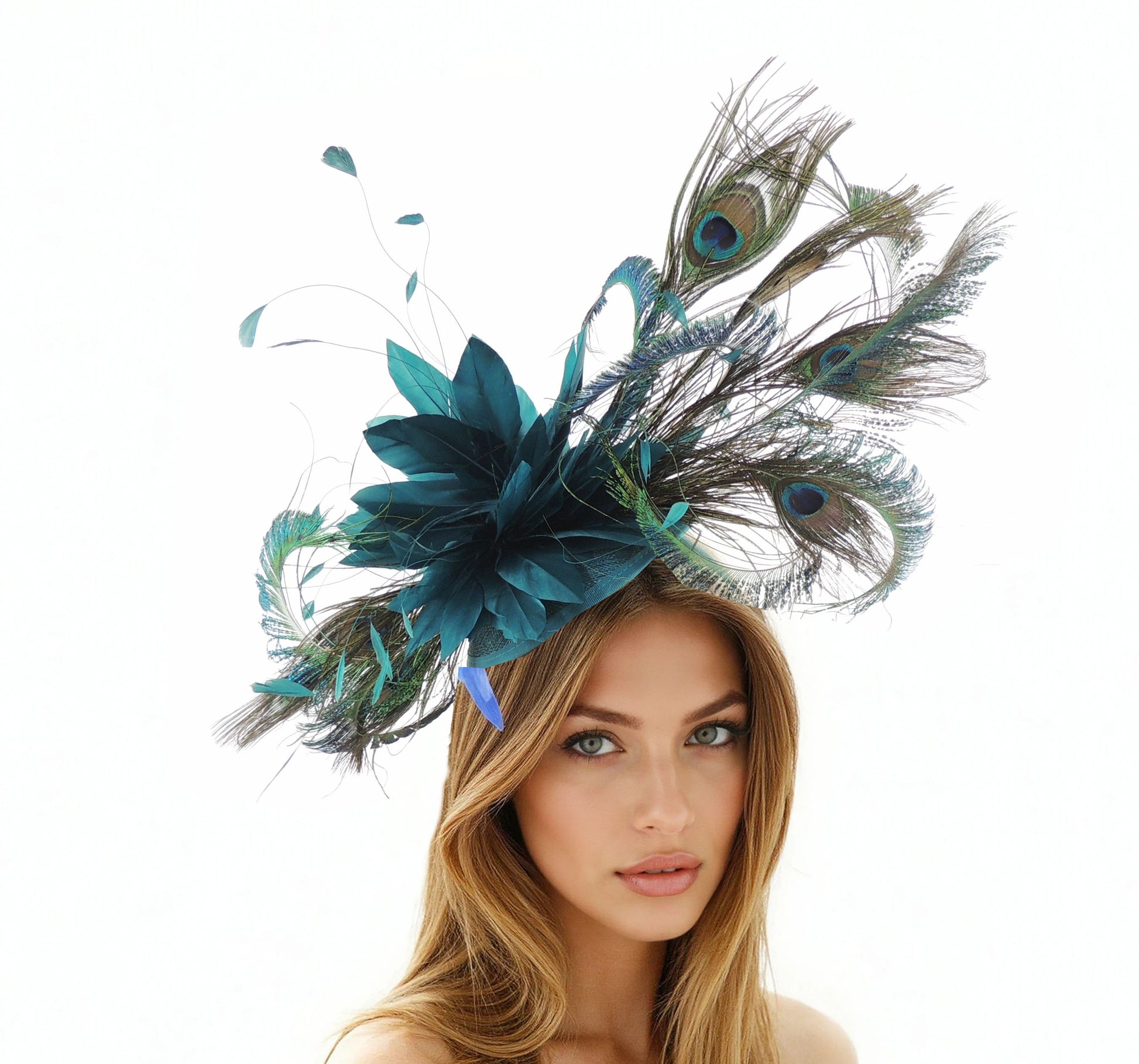 Jahlia Large Teal Peacock Kentucky Derby Fascinator Hat - Hats By Cressida