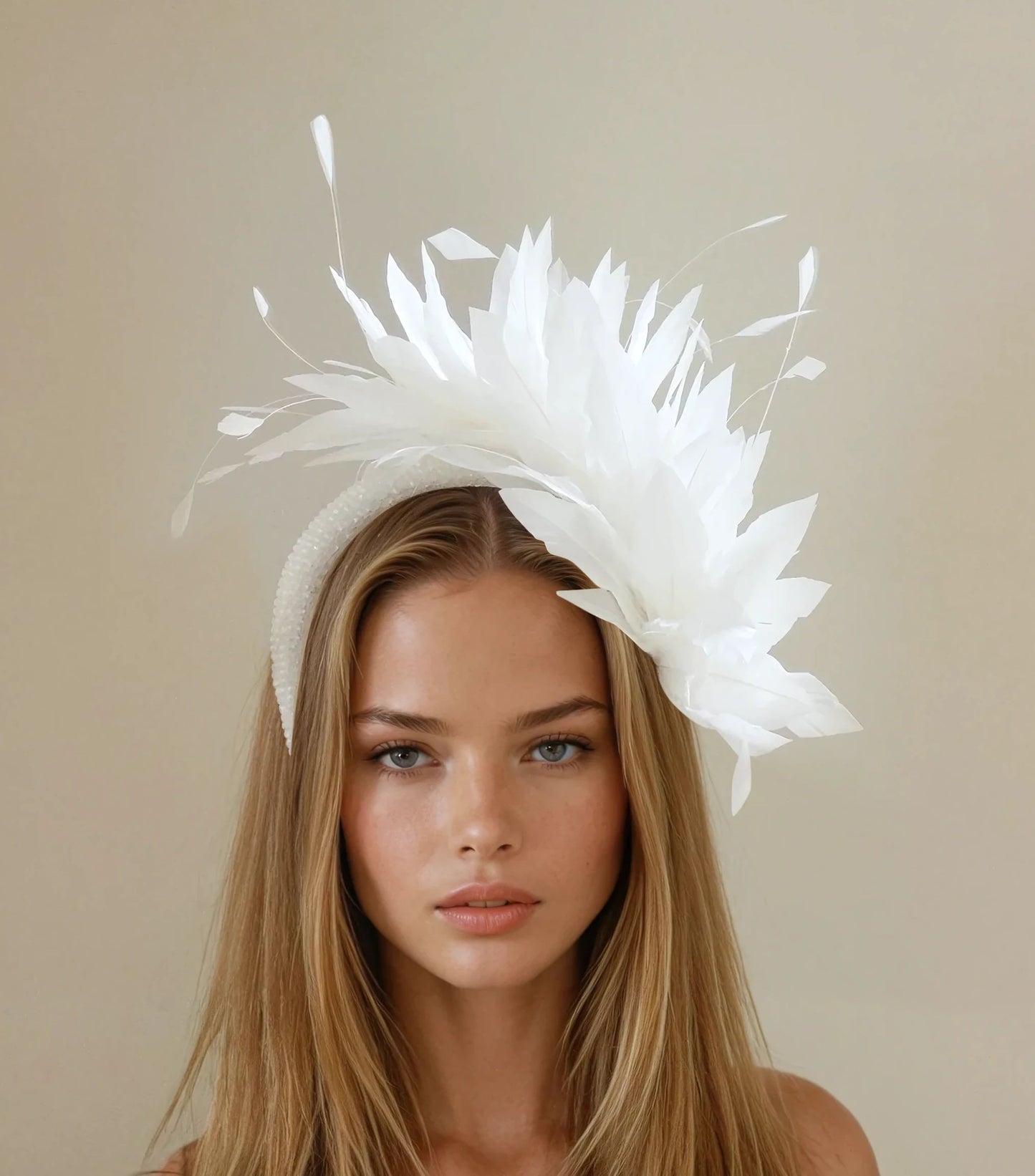 Jana White Bridal Jeweled Crystal Padded Headpiece Headband Halo Crown with white feather and floral design on model