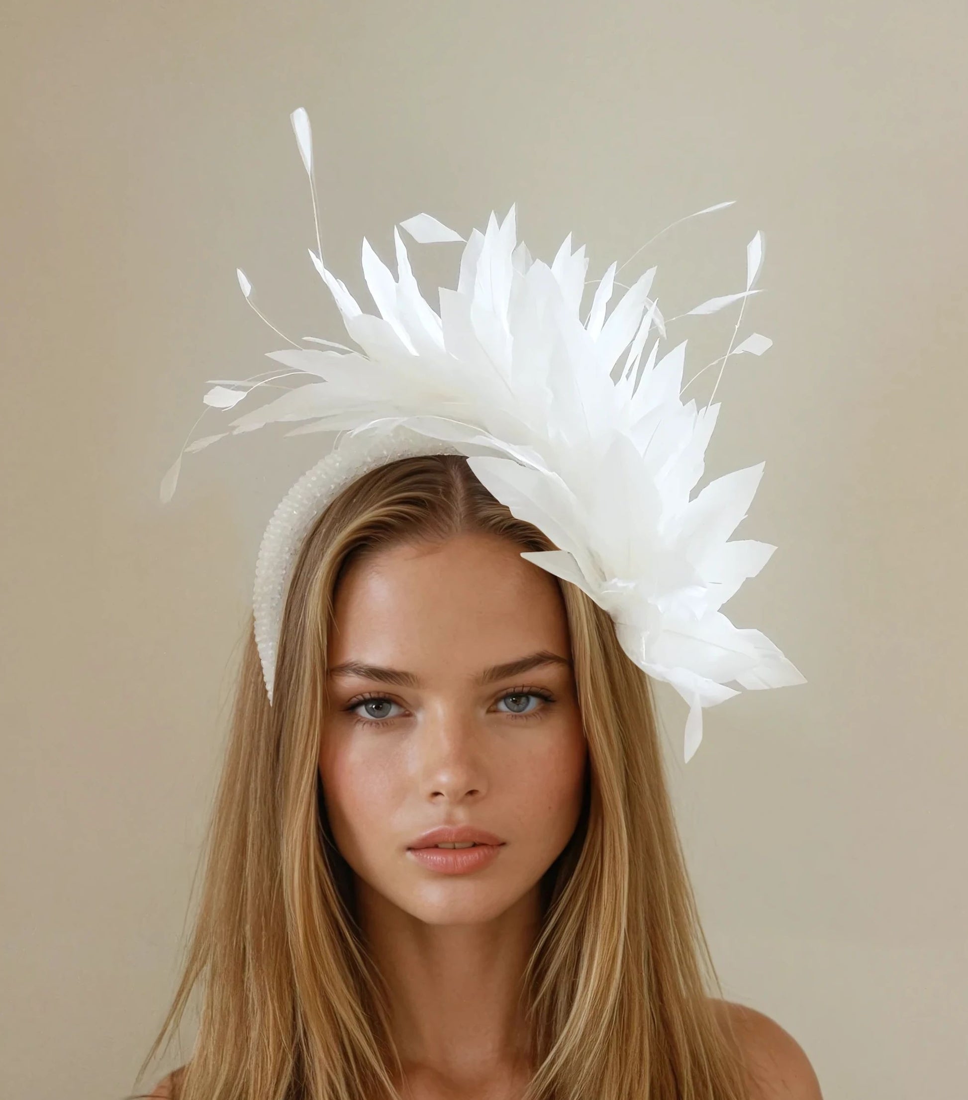 Jana White Bridal Jeweled Crystal Padded Headpiece Headband Halo Crown with white feather and floral design on model