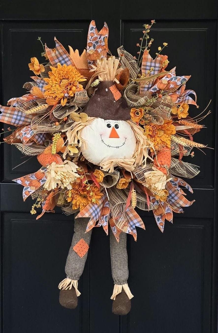 Large Autumn Fall Orange Scarecrow Harvest Front Door Wreath Luxury Rustic Wall Porch Hanger House Home Decor Decorations Thanksgiving Boho - Hats By Cressida