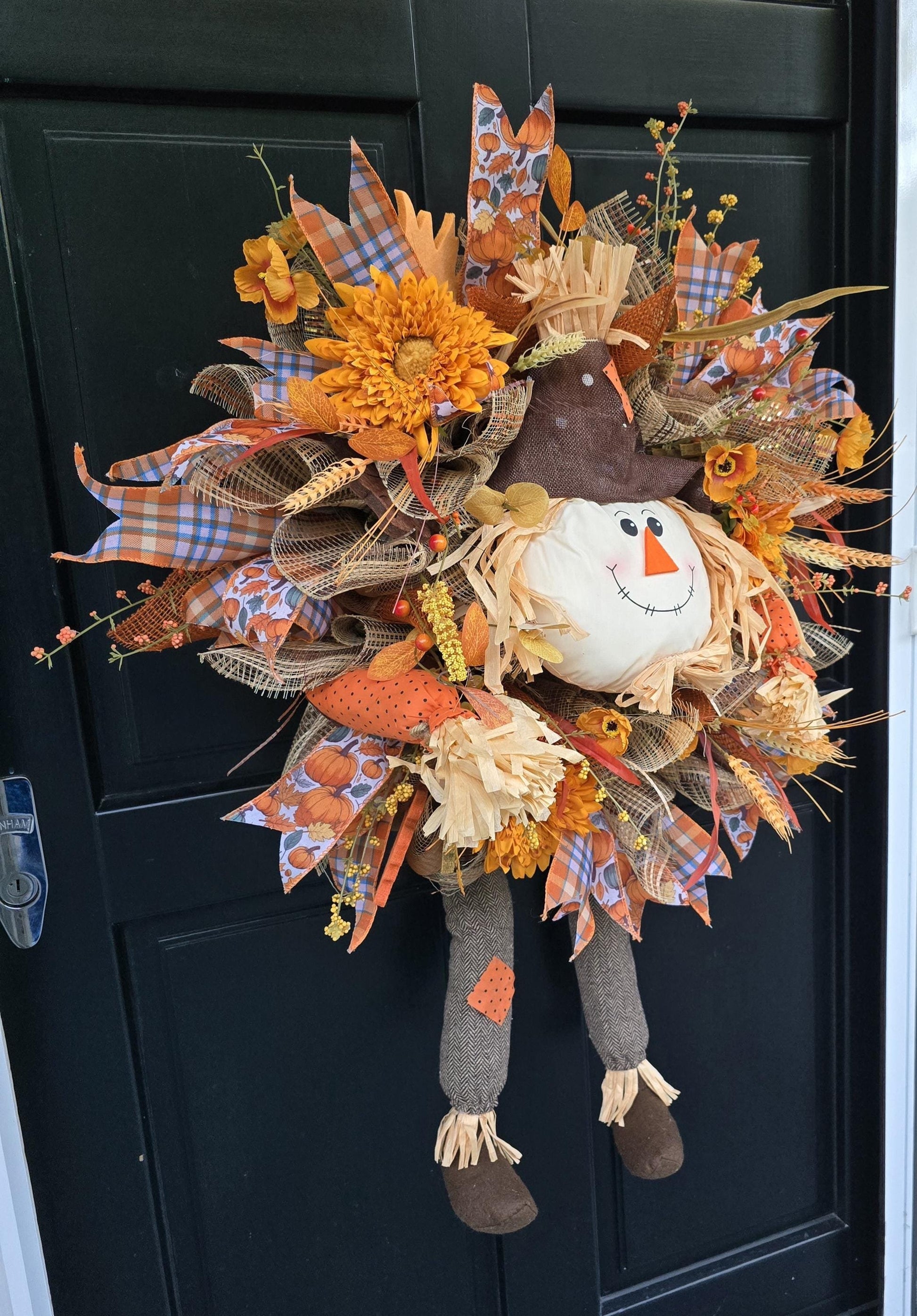 Large Autumn Fall Orange Scarecrow Harvest Front Door Wreath Luxury Rustic Wall Porch Hanger House Home Decor Decorations Thanksgiving Boho - Hats By Cressida