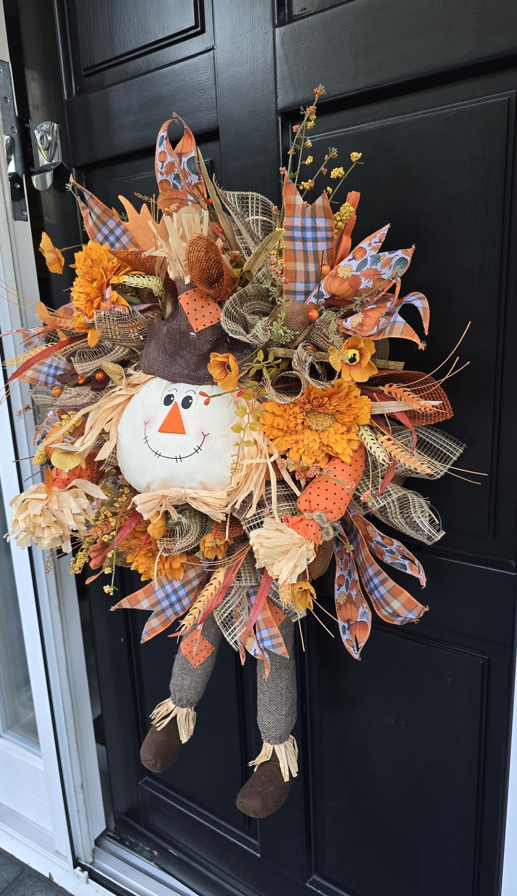 Large Autumn Fall Orange Scarecrow Harvest Front Door Wreath Luxury Rustic Wall Porch Hanger House Home Decor Decorations Thanksgiving Boho - Hats By Cressida