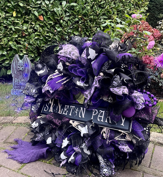 Large Halloween Front Door Wreath Spooky Hanger Black Purple Skeleton Party Wall Porch Hanger Handmade House Home Decor Decorations Welcome - Hats By Cressida