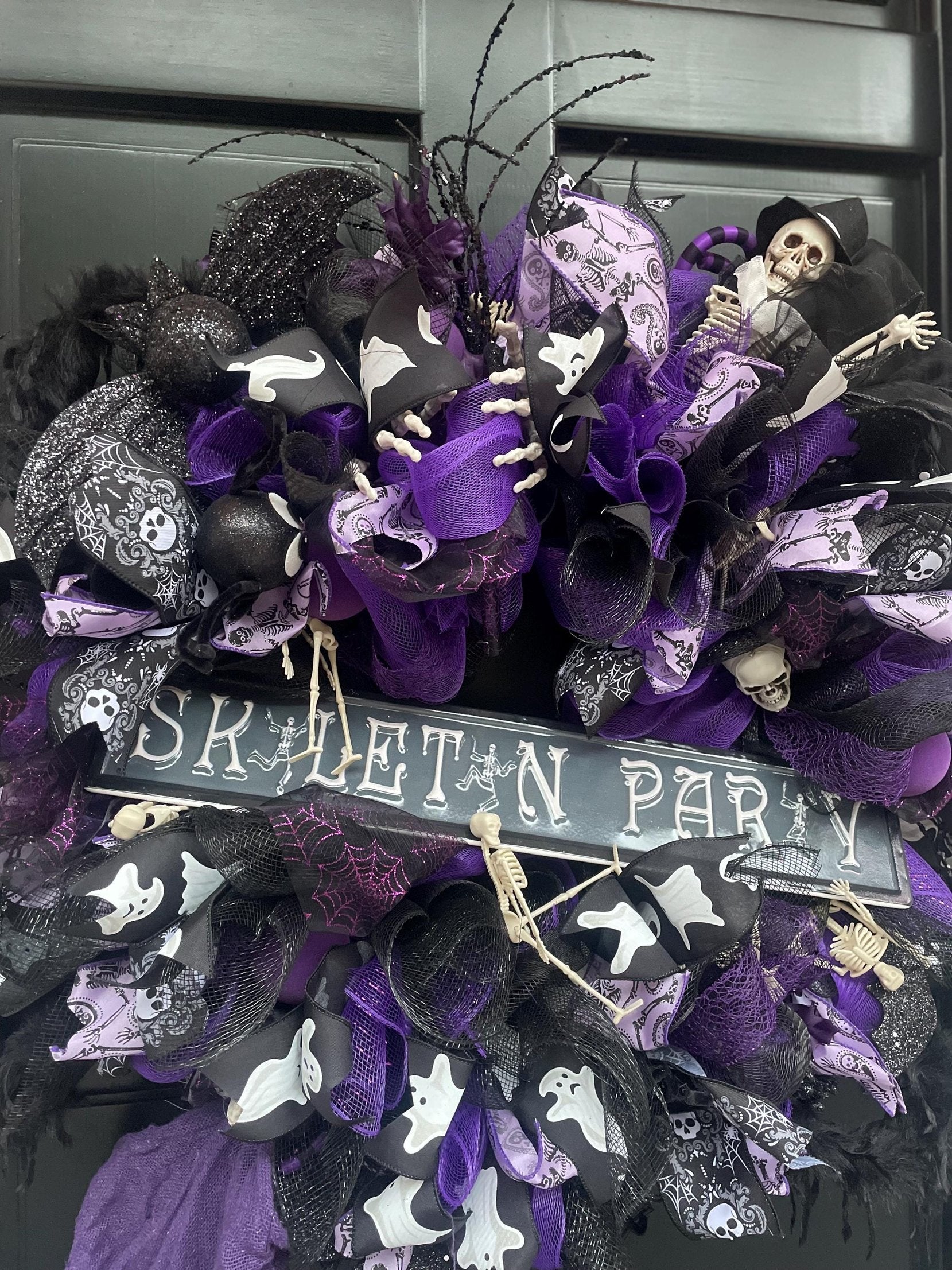 Large Halloween Front Door Wreath Spooky Hanger Black Purple Skeleton Party Wall Porch Hanger Handmade House Home Decor Decorations Welcome - Hats By Cressida