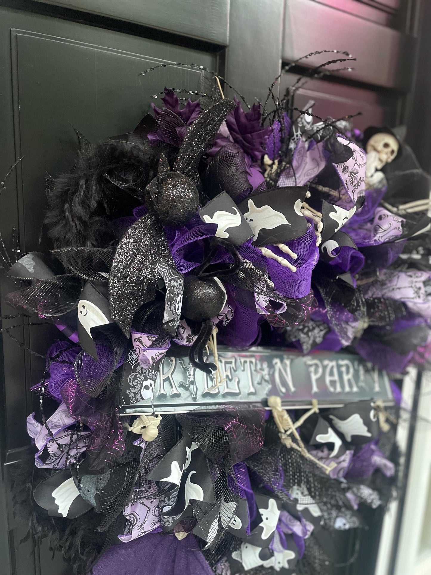 Large Halloween Front Door Wreath Spooky Hanger Black Purple Skeleton Party Wall Porch Hanger Handmade House Home Decor Decorations Welcome - Hats By Cressida