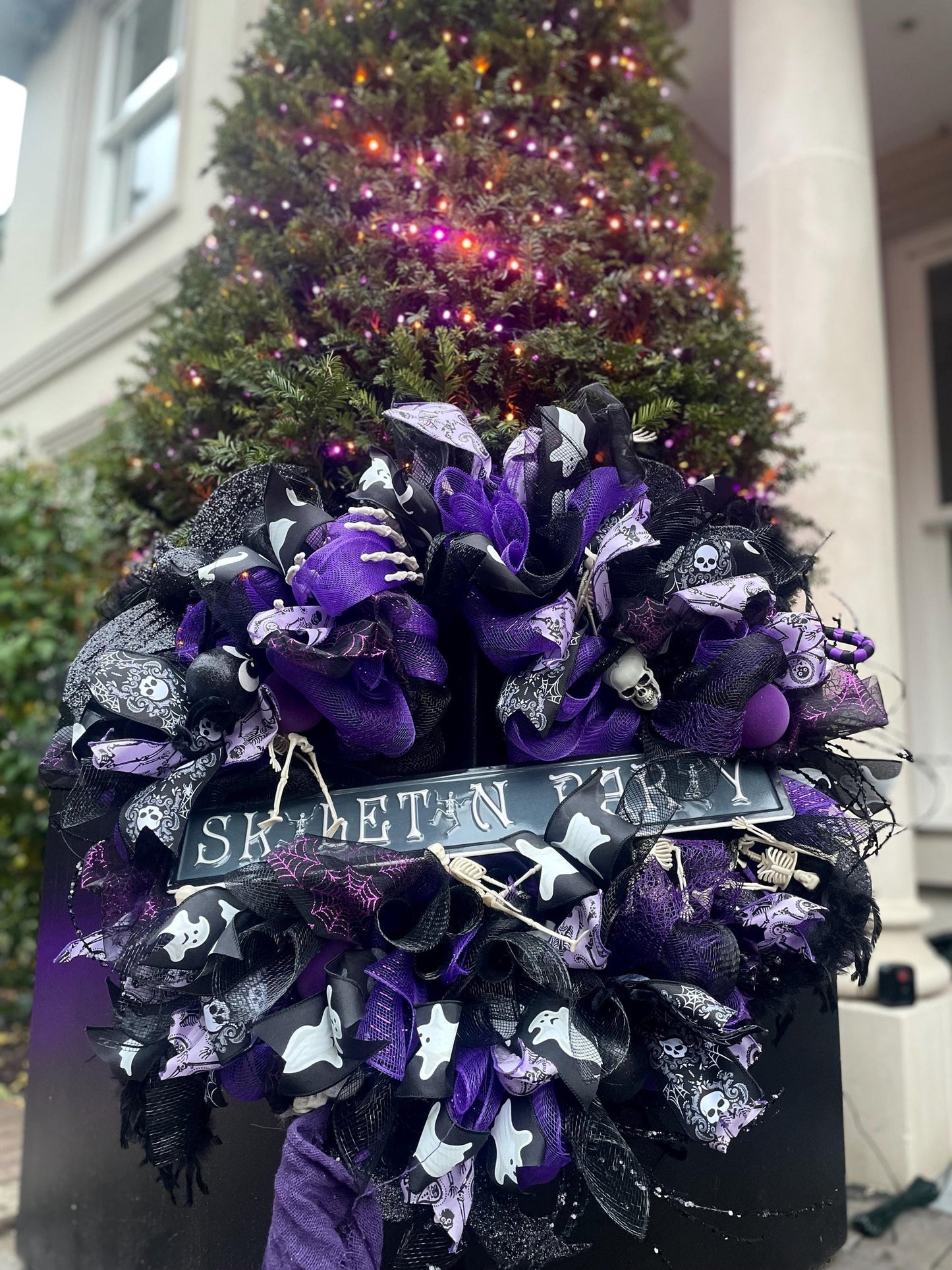 Large Halloween Front Door Wreath Spooky Hanger Black Purple Skeleton Party Wall Porch Hanger Handmade House Home Decor Decorations Welcome - Hats By Cressida