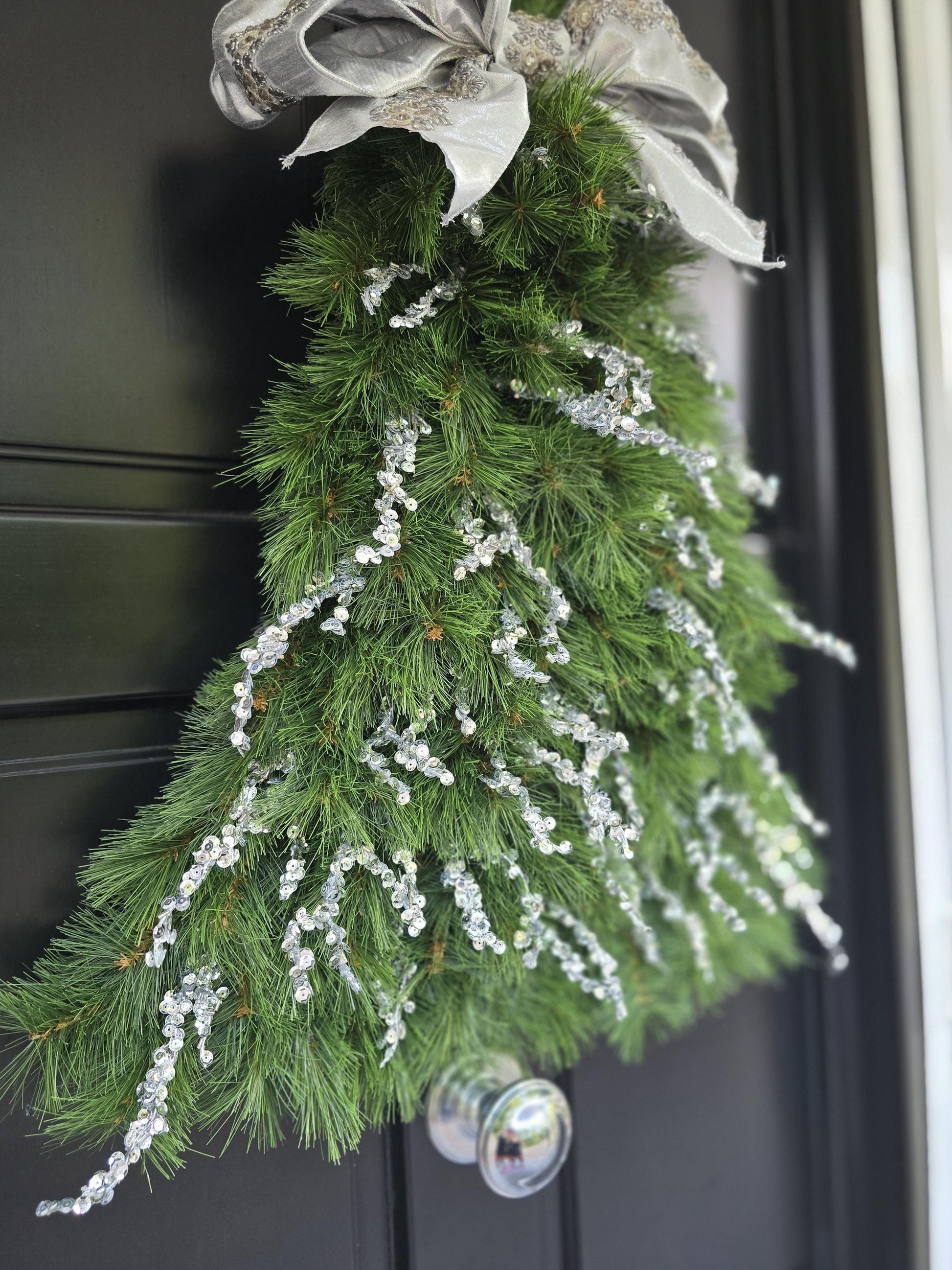 Large Luxury Christmas Tree Shaped Wreath Front Door Home Decorations Silver Green Xmas Winter Mantle Decor Porch Holiday Swag Designer Glam - Hats By Cressida