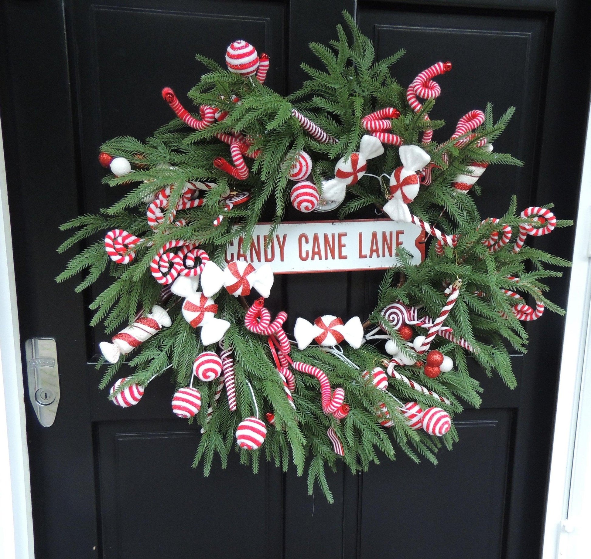 Luxury Candy Cane Red White Green Christmas Wreath Front Door Home Decorations Xmas Winter Mantle Decor Holiday Wreath Advent Swag - Hats By Cressida