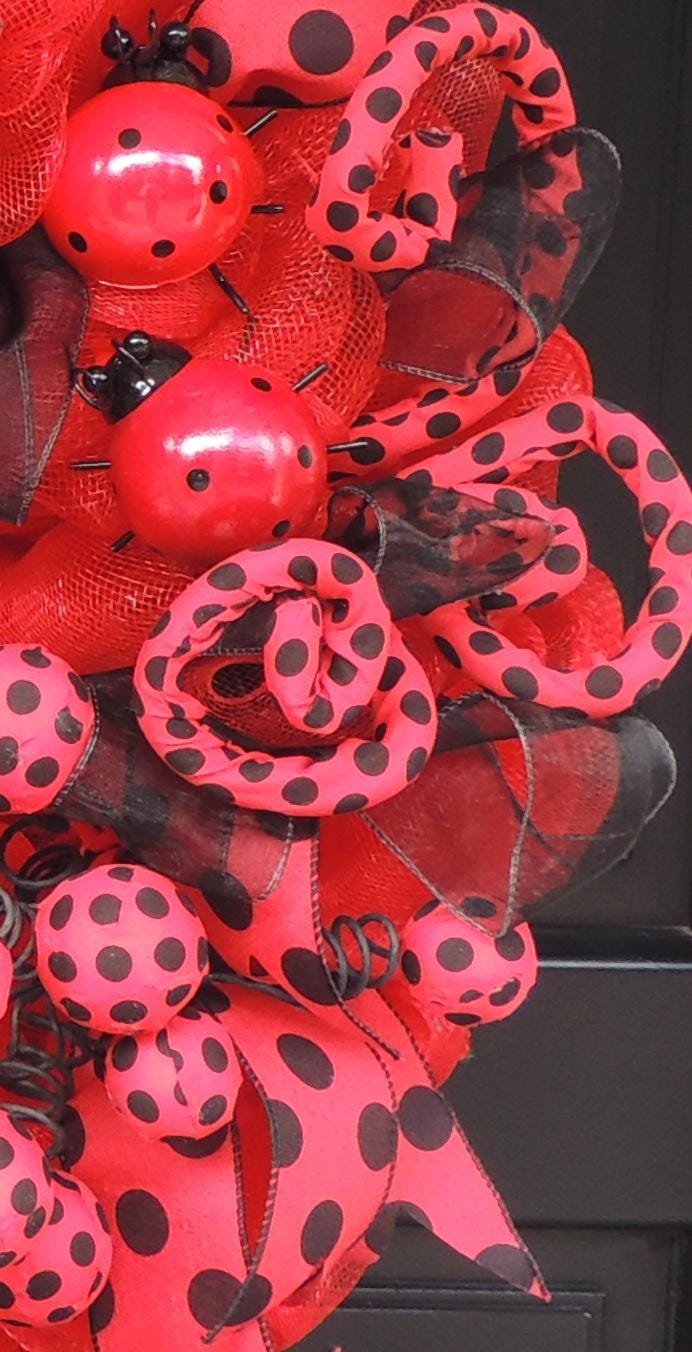 Luxury Ladybug Large Front Door Wreath Summer Decor Hanger Wall Decoration Housewarming Gift Farmhouse Rustic Everyday Polka Dot - Hats By Cressida
