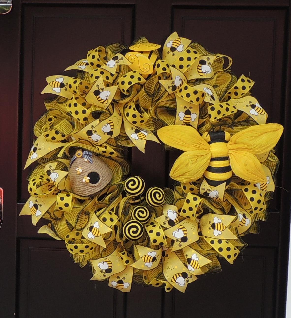 Luxury Large Bumblebee Bee Front Door Wreath Summer Spring Decor Hanger Wall Decoration Housewarming Gift Farmhouse Rustic Everyday Honeybee - Hats By Cressida