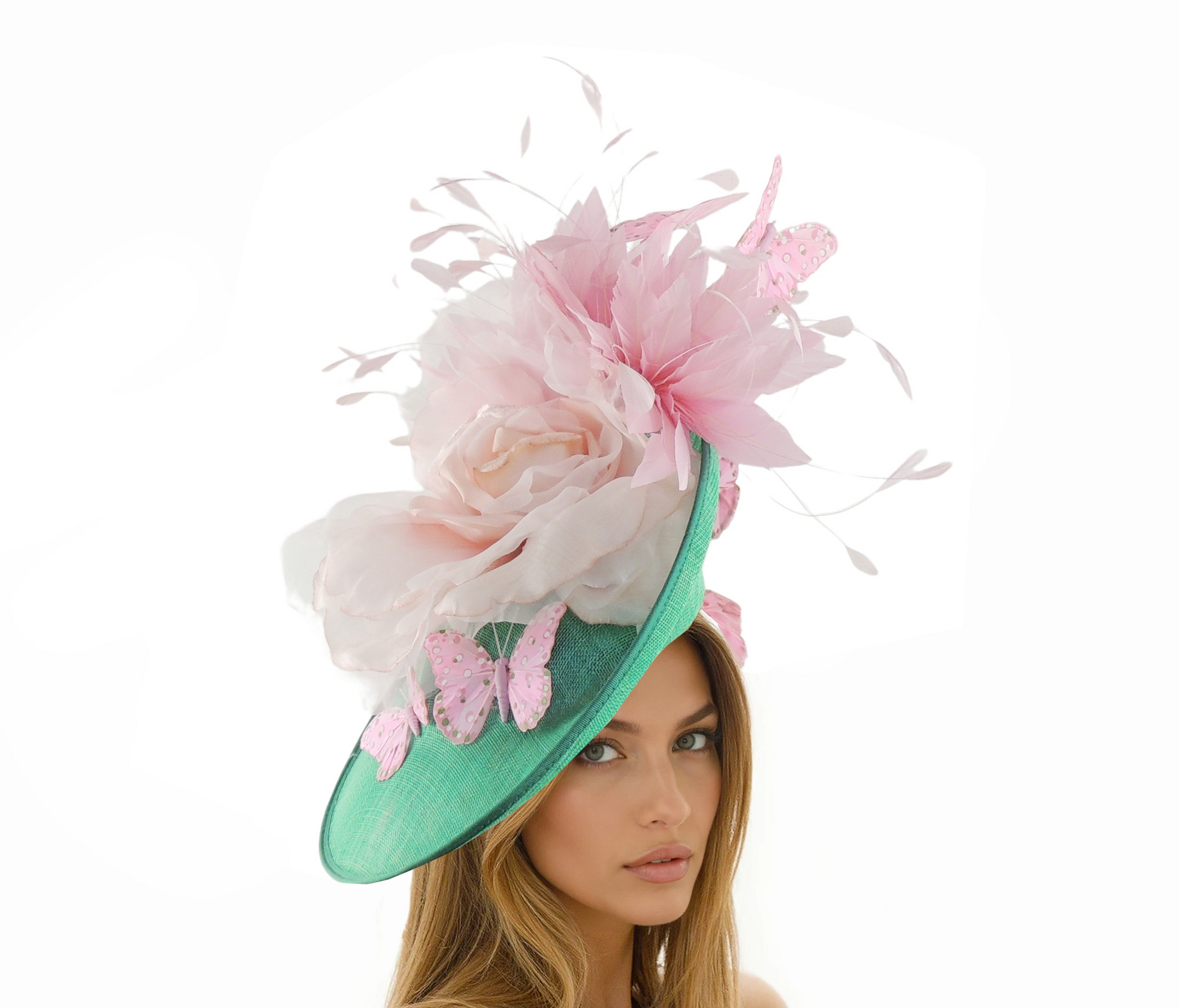 Mabel Statement Sinamay Fascinator Hatinator Floral Buttefly Feather Design - Hats By Cressida