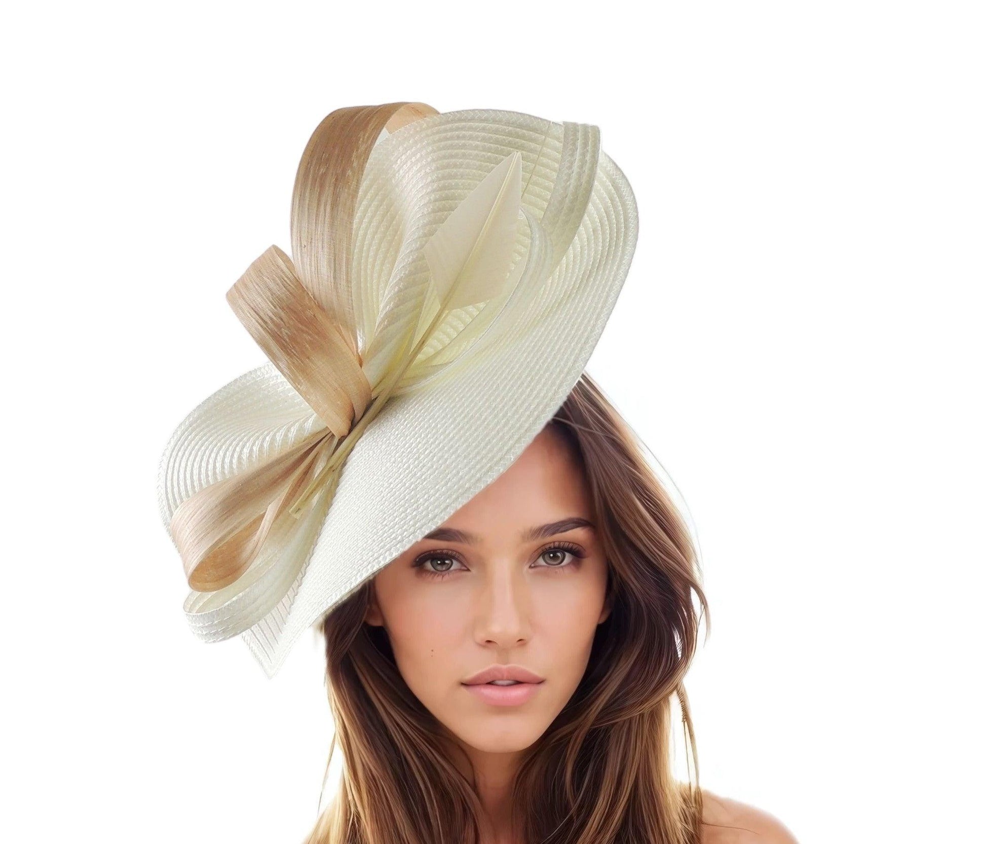 Woman wearing Millie Bow & Feather Fascinator Hat WIth Headband, a stylish cream headpiece with bow and feather details.