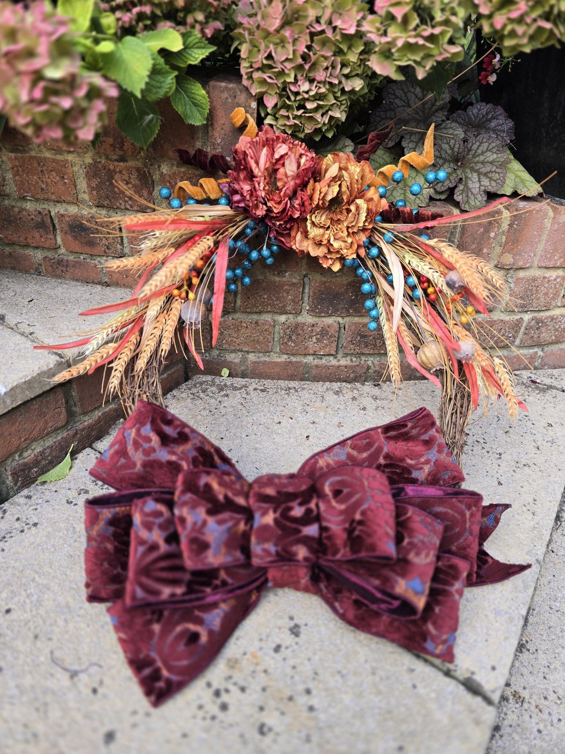 Orange Teal Autumn Fall Orange Harvest Front Door Wreath Luxury Rustic Wall Porch Hanger House Home Decor Decorations Thanksgiving Glam Boho - Hats By Cressida