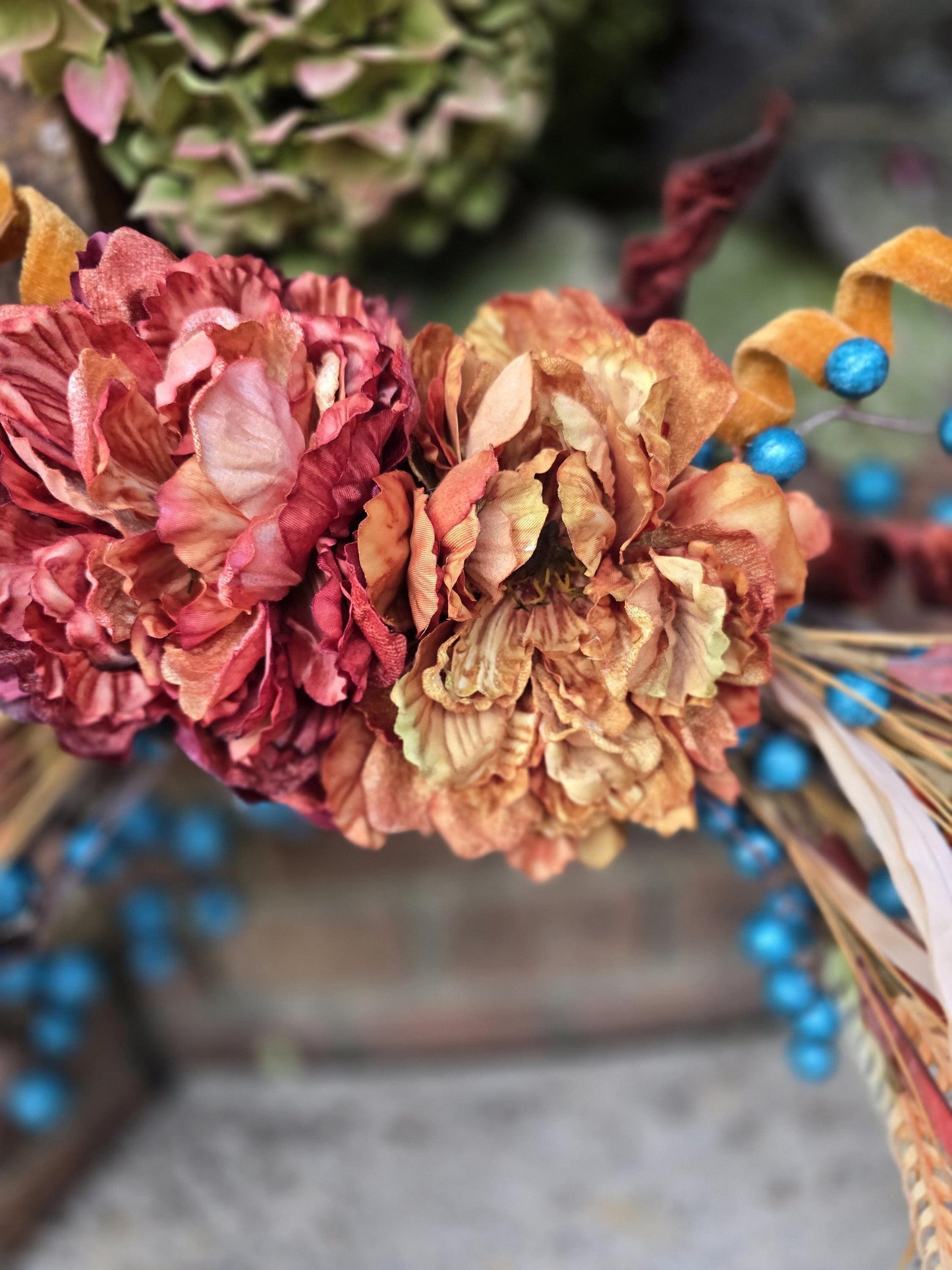 Orange Teal Autumn Fall Orange Harvest Front Door Wreath Luxury Rustic Wall Porch Hanger House Home Decor Decorations Thanksgiving Glam Boho - Hats By Cressida
