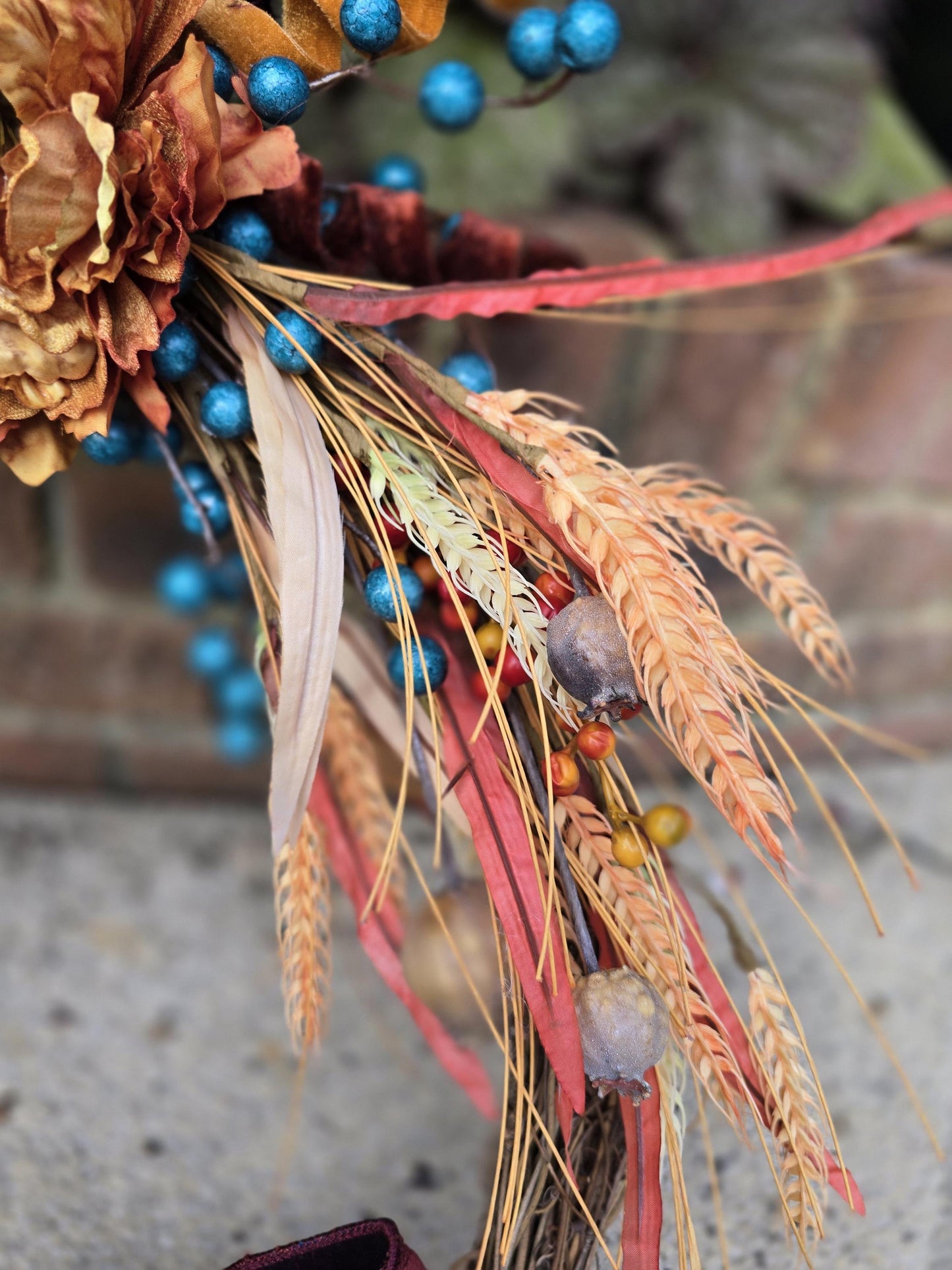 Orange Teal Autumn Fall Orange Harvest Front Door Wreath Luxury Rustic Wall Porch Hanger House Home Decor Decorations Thanksgiving Glam Boho - Hats By Cressida
