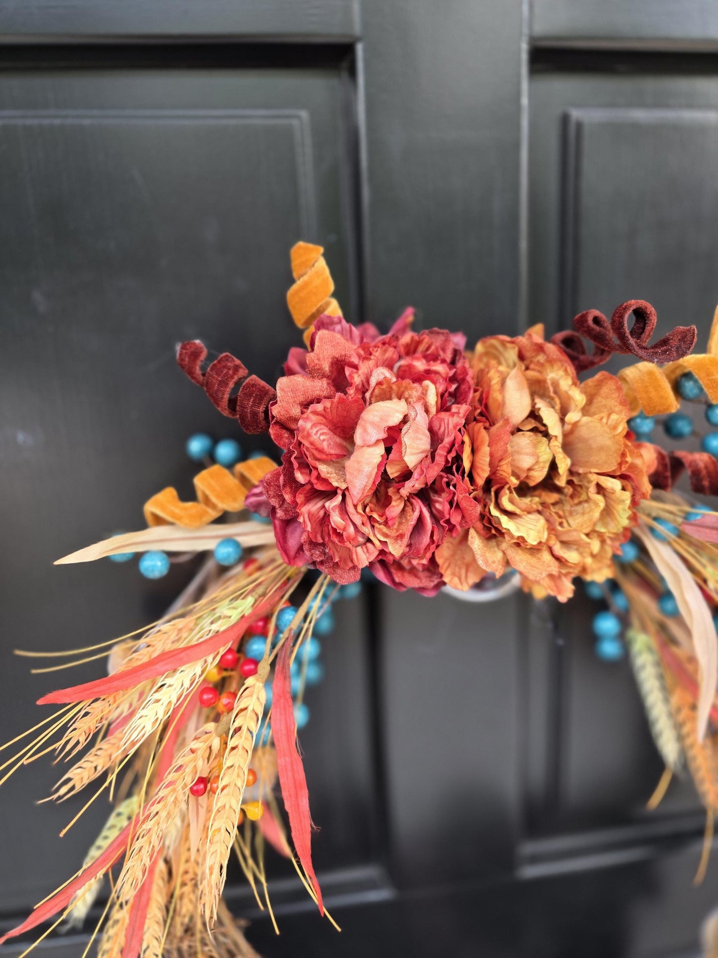Orange Teal Autumn Fall Orange Harvest Front Door Wreath Luxury Rustic Wall Porch Hanger House Home Decor Decorations Thanksgiving Glam Boho - Hats By Cressida