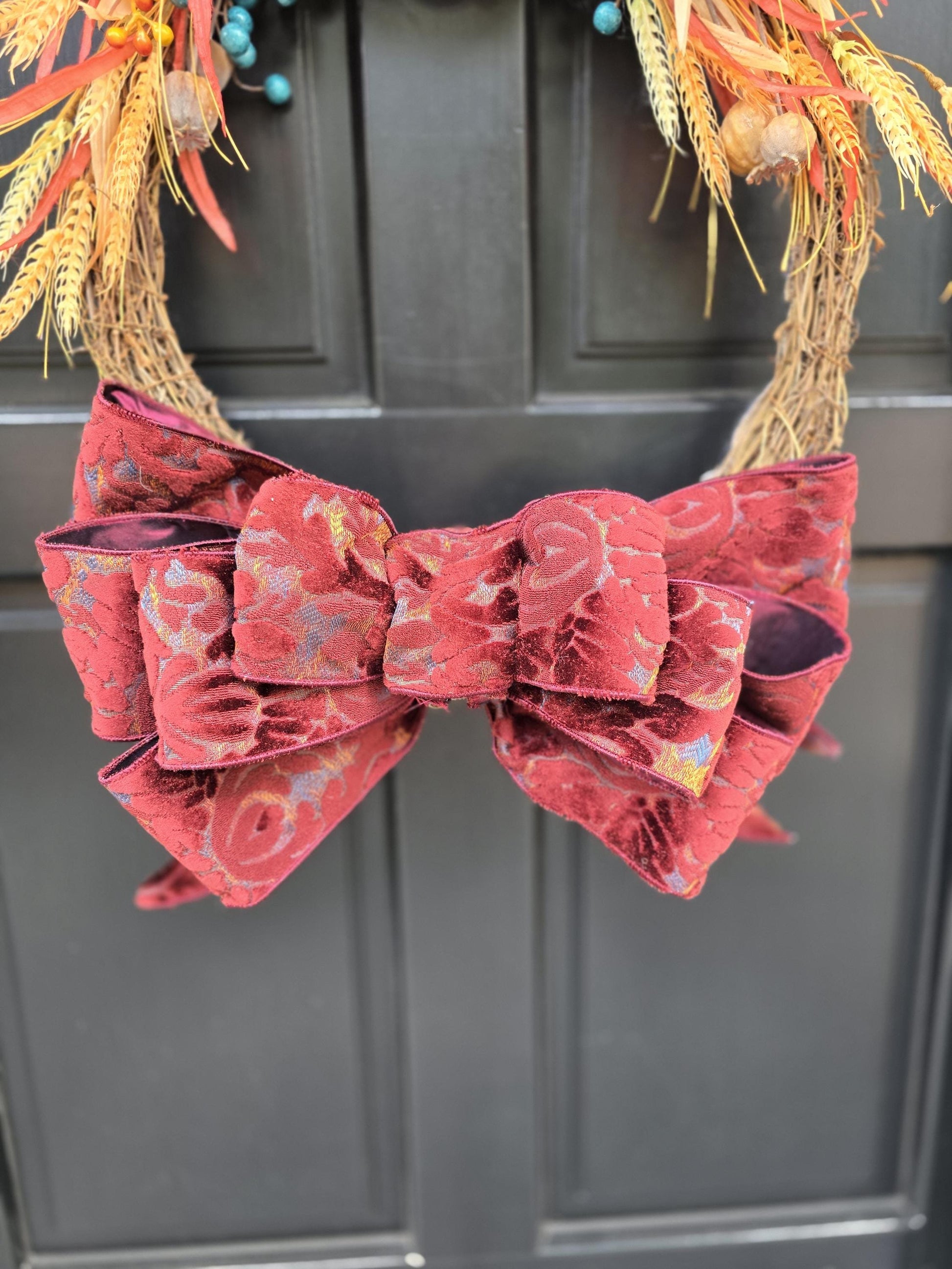 Orange Teal Autumn Fall Orange Harvest Front Door Wreath Luxury Rustic Wall Porch Hanger House Home Decor Decorations Thanksgiving Glam Boho - Hats By Cressida