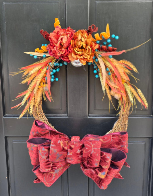 Orange Teal Autumn Fall Orange Harvest Front Door Wreath Luxury Rustic Wall Porch Hanger House Home Decor Decorations Thanksgiving Glam Boho - Hats By Cressida