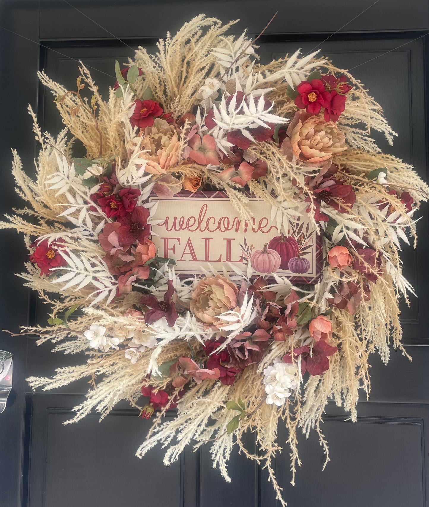 Large Welcome Fall Autumn Wreath 60cm – Burgundy, Cream & Neutral Floral Front Door Wreath with Pumpkin Harvest Sign & Rustic Foliage