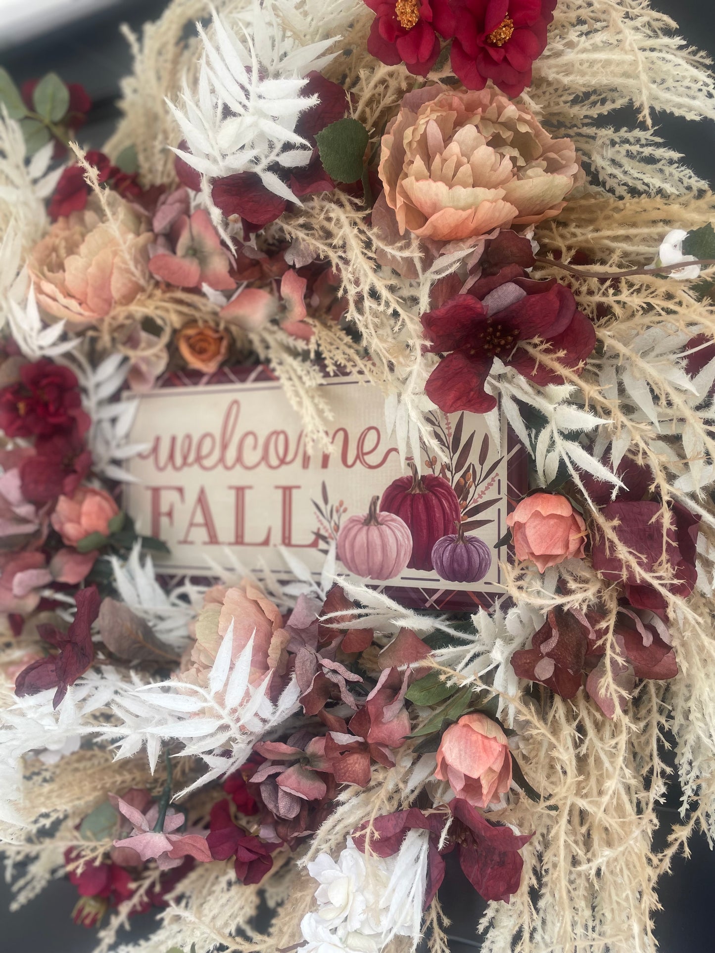Large Welcome Fall Autumn Wreath 60cm – Burgundy, Cream & Neutral Floral Front Door Wreath with Pumpkin Harvest Sign & Rustic Foliage