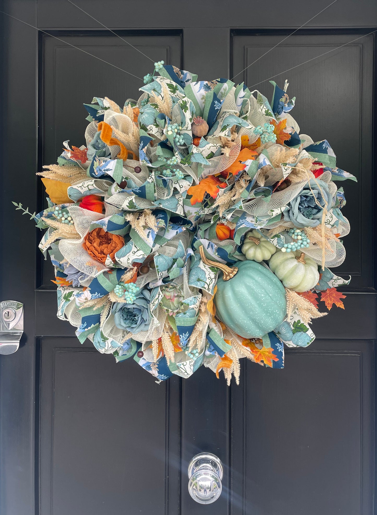Large Sage Green Pumpkin Autumn Wreath 60cm – Blue Floral Fall Front Door Wreath with Cream Pumpkins, Berries & Harvest Foliage  And anywhere I wrote “hydrangea” in either description should simply be “flowers” or “floral details.”