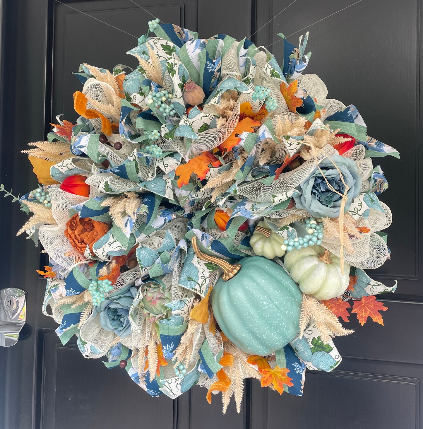 Large Sage Green Pumpkin Autumn Wreath 60cm – Blue Floral Fall Front Door Wreath with Cream Pumpkins, Berries & Harvest Foliage  And anywhere I wrote “hydrangea” in either description should simply be “flowers” or “floral details.”