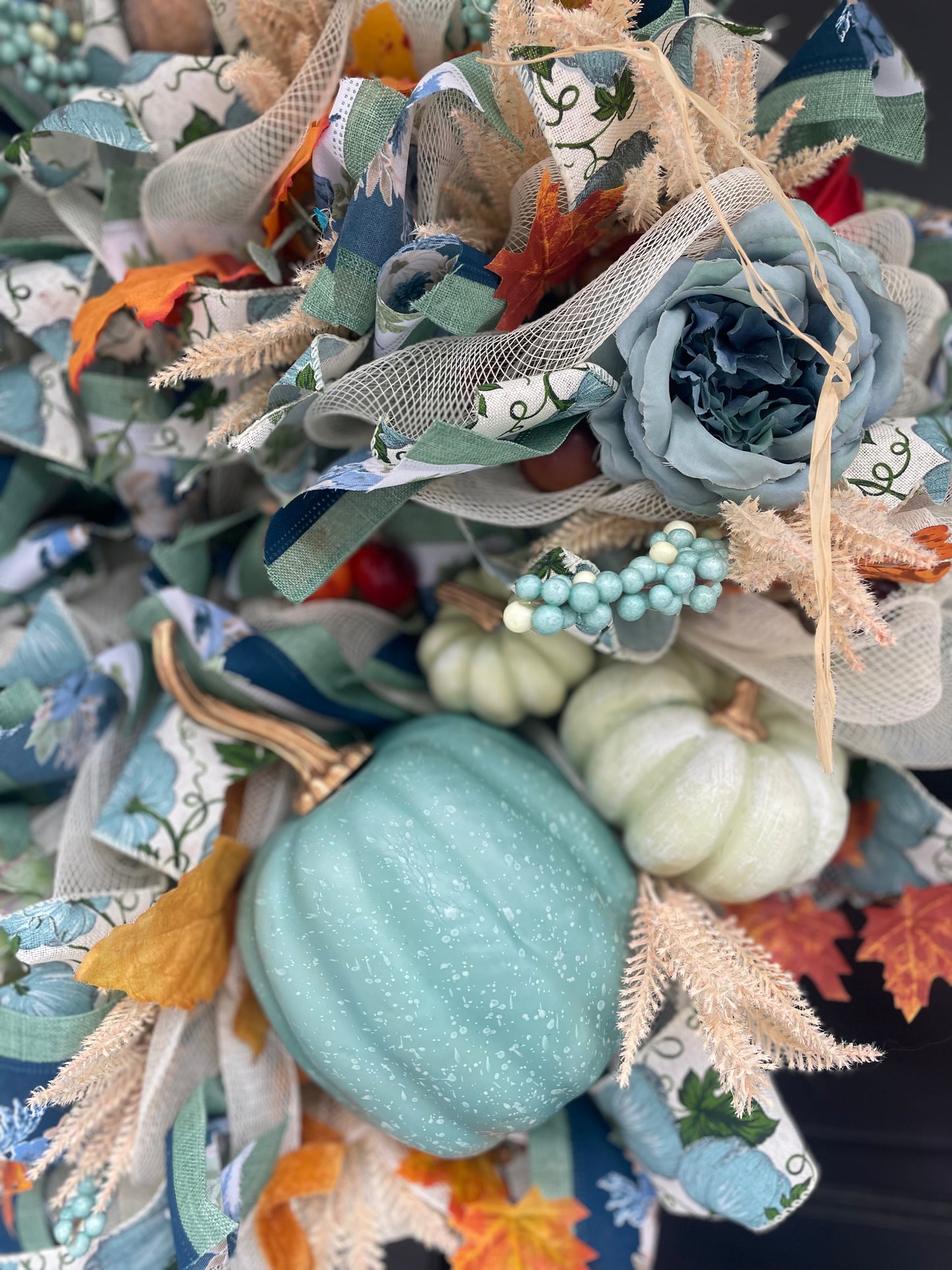 Large Sage Green Pumpkin Autumn Wreath 60cm – Blue Floral Fall Front Door Wreath with Cream Pumpkins, Berries & Harvest Foliage  And anywhere I wrote “hydrangea” in either description should simply be “flowers” or “floral details.”