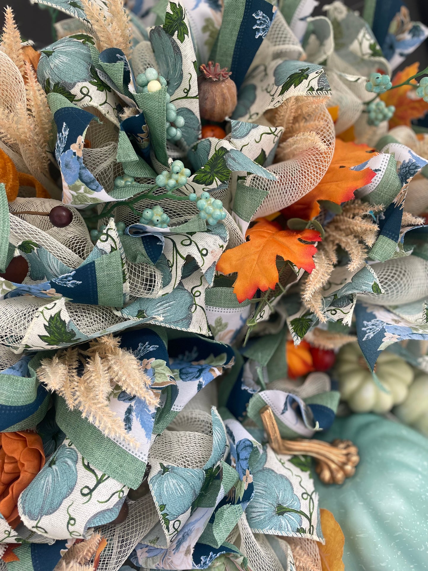 Large Sage Green Pumpkin Autumn Wreath 60cm – Blue Floral Fall Front Door Wreath with Cream Pumpkins, Berries & Harvest Foliage  And anywhere I wrote “hydrangea” in either description should simply be “flowers” or “floral details.”